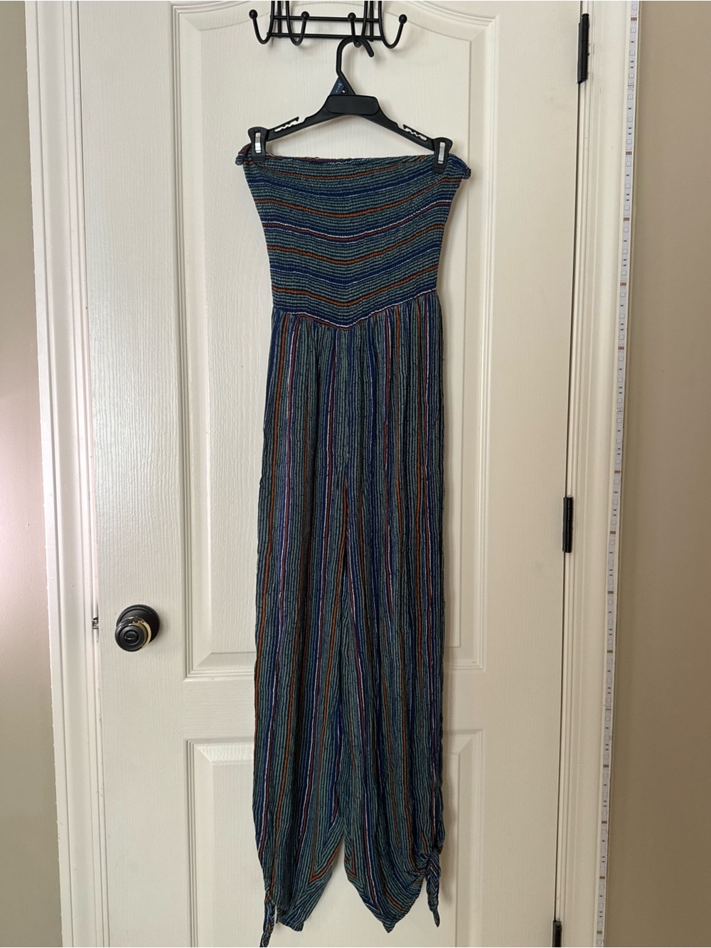 Urban Outfitters Teal and Navy Striped Strapless Jumpsuit